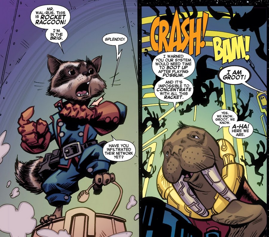 Comic panels of Rocket Raccoon and Wal Rus the walrus with metal tusks