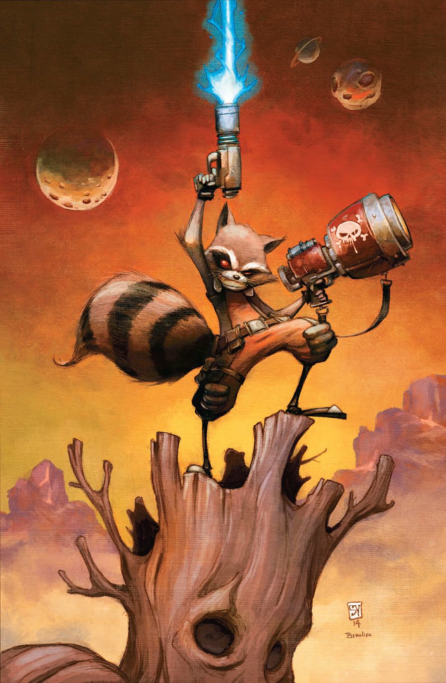 Rocket Raccoon standing on a stump firing a pistol and holding a huge cannon