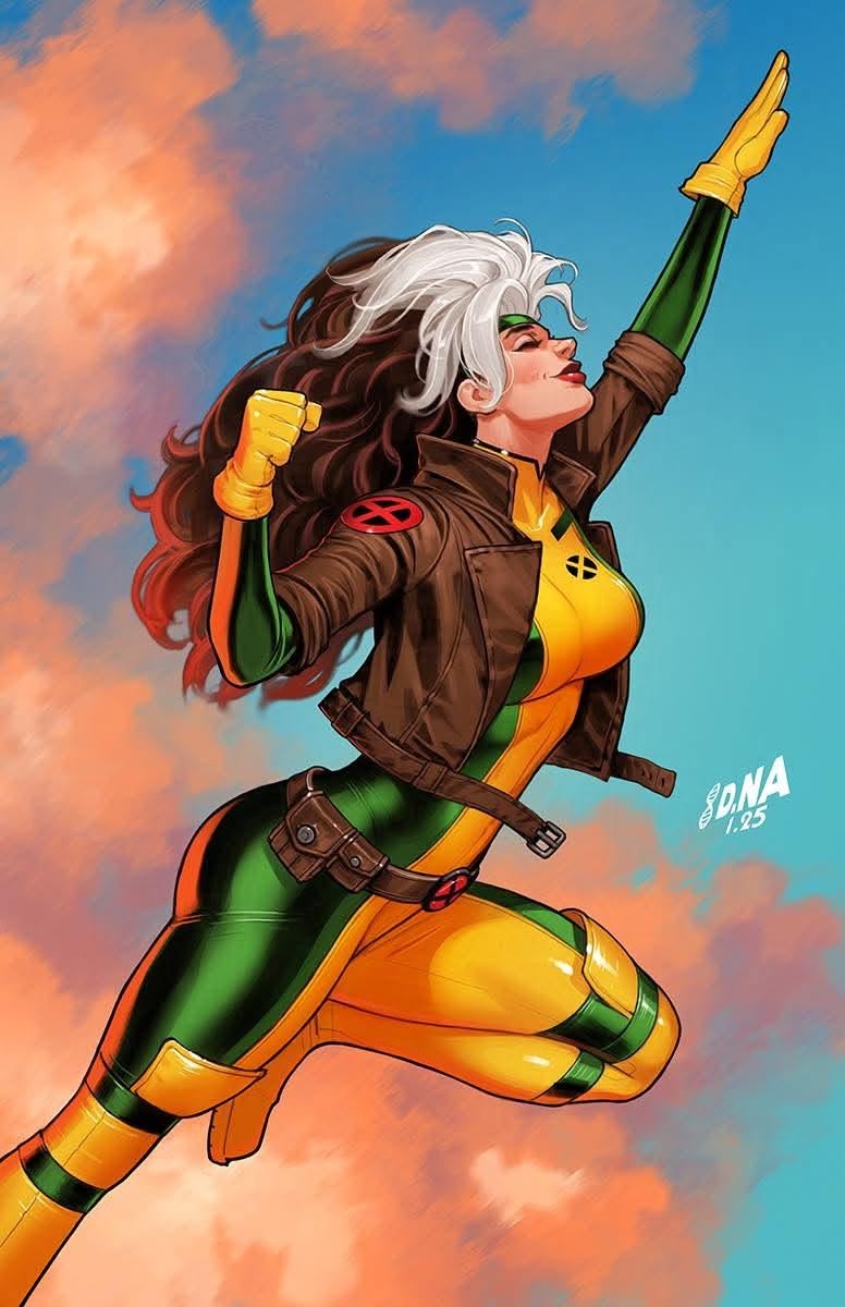 Comic art of Rogue flying in her classic green-and-white costume