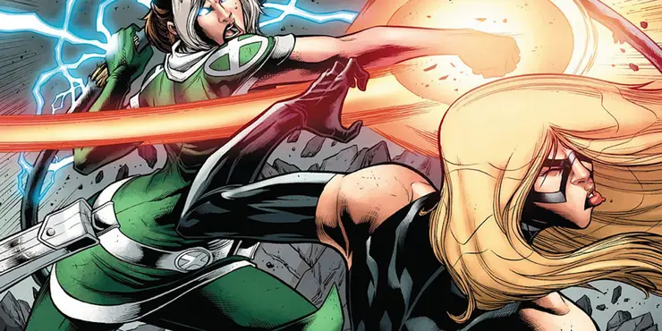 Rogue fighting Carol Danvers