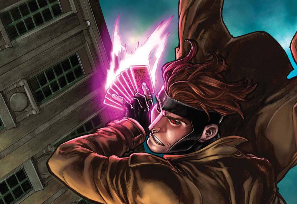 Gambit holding a fan of kinetically charged playing cards