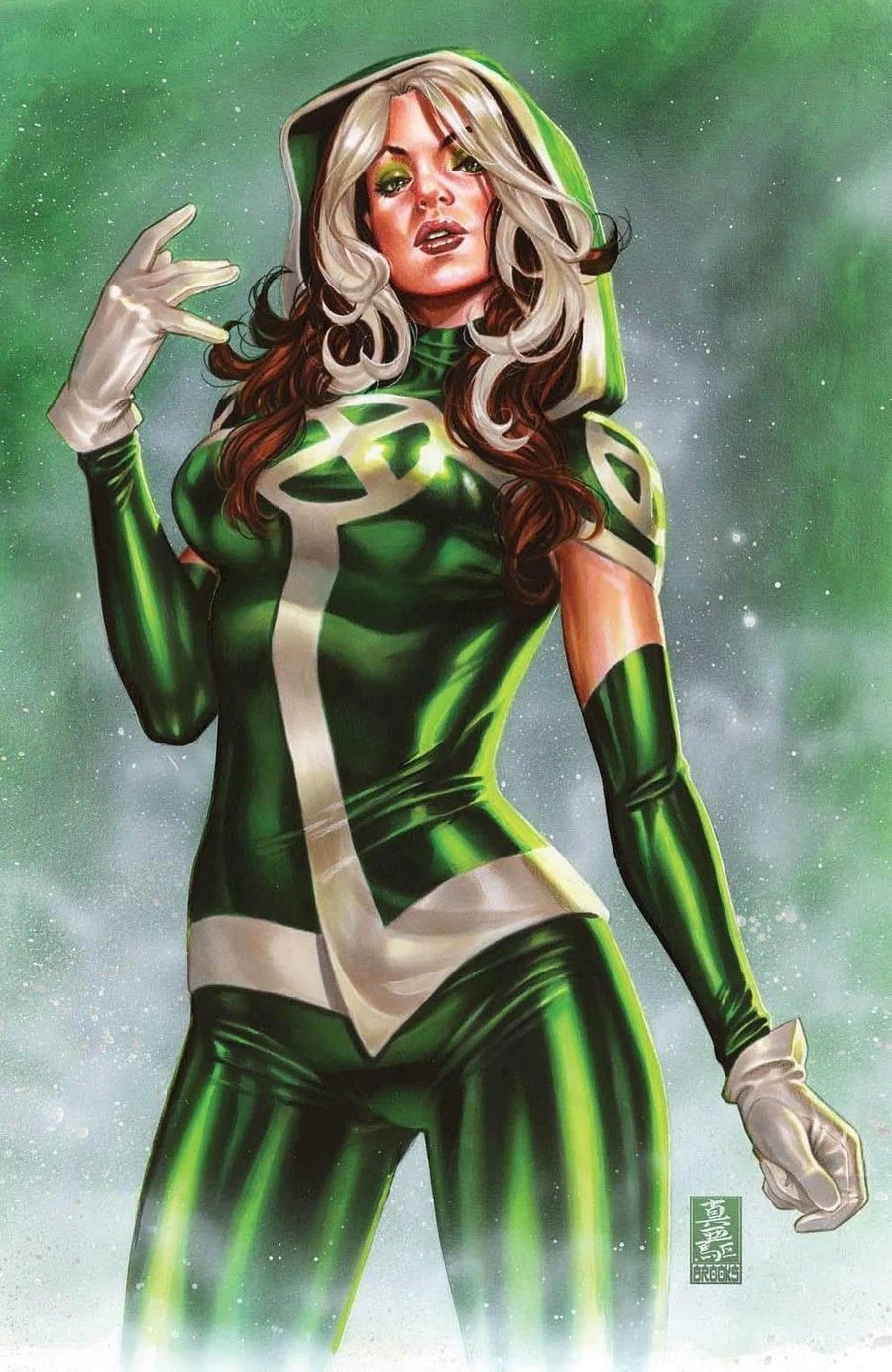 Rogue in her green hooded costume with white-streaked hair and gloves