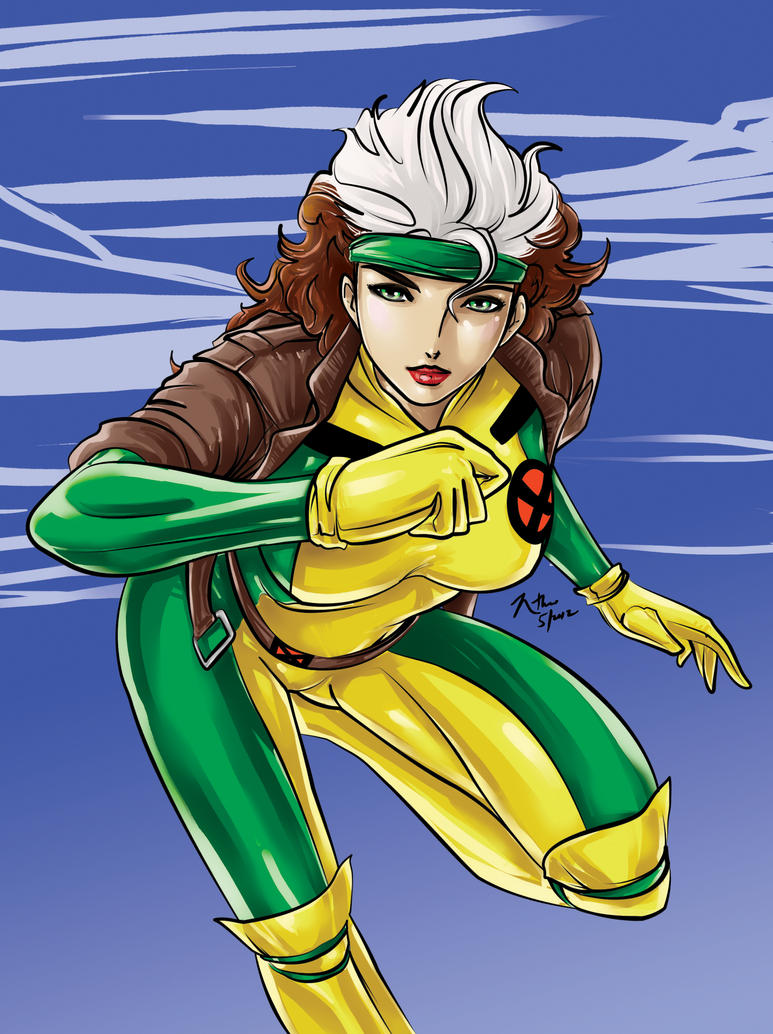 Rogue flying in her green and yellow costume with brown jacket