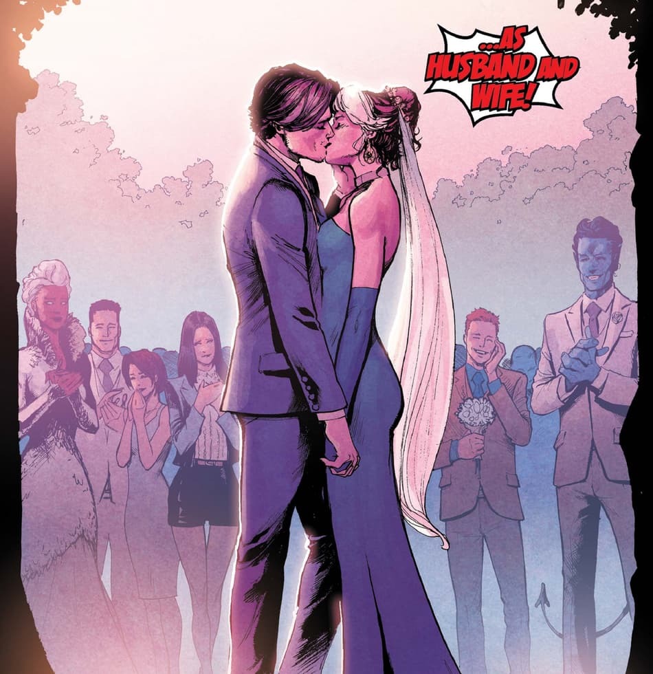 Rogue and Gambit kissing as husband and wife before the X-Men