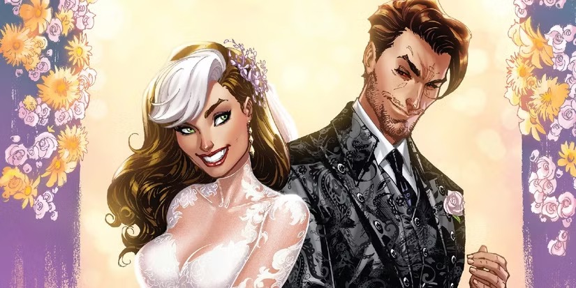 Rogue in a wedding dress beside Gambit in a suit