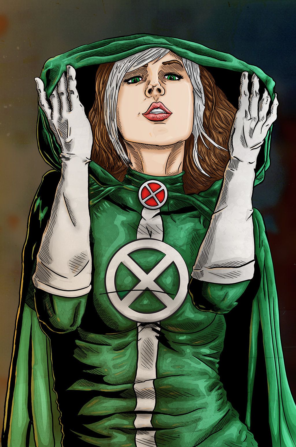 Rogue in green hooded costume portrait