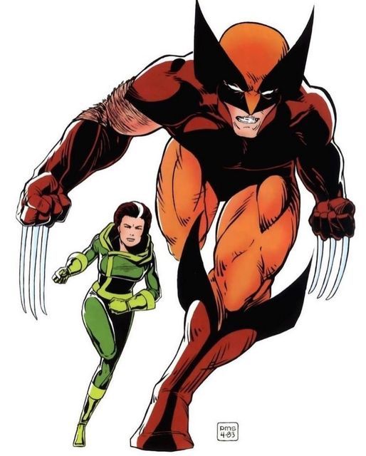 Wolverine with claws extended beside Rogue in green costume