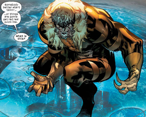 Comic panel of Sabretooth crouched and snarling, saying 'Somebody better start talkin'... or things are gonna get red real quick-like.'