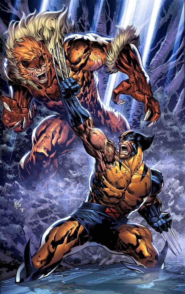 Comic art of Sabretooth versus Wolverine