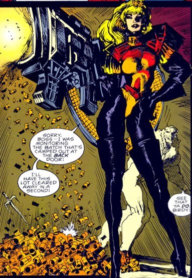 Birdy with a large gun, Sabretooth behind her comic panel