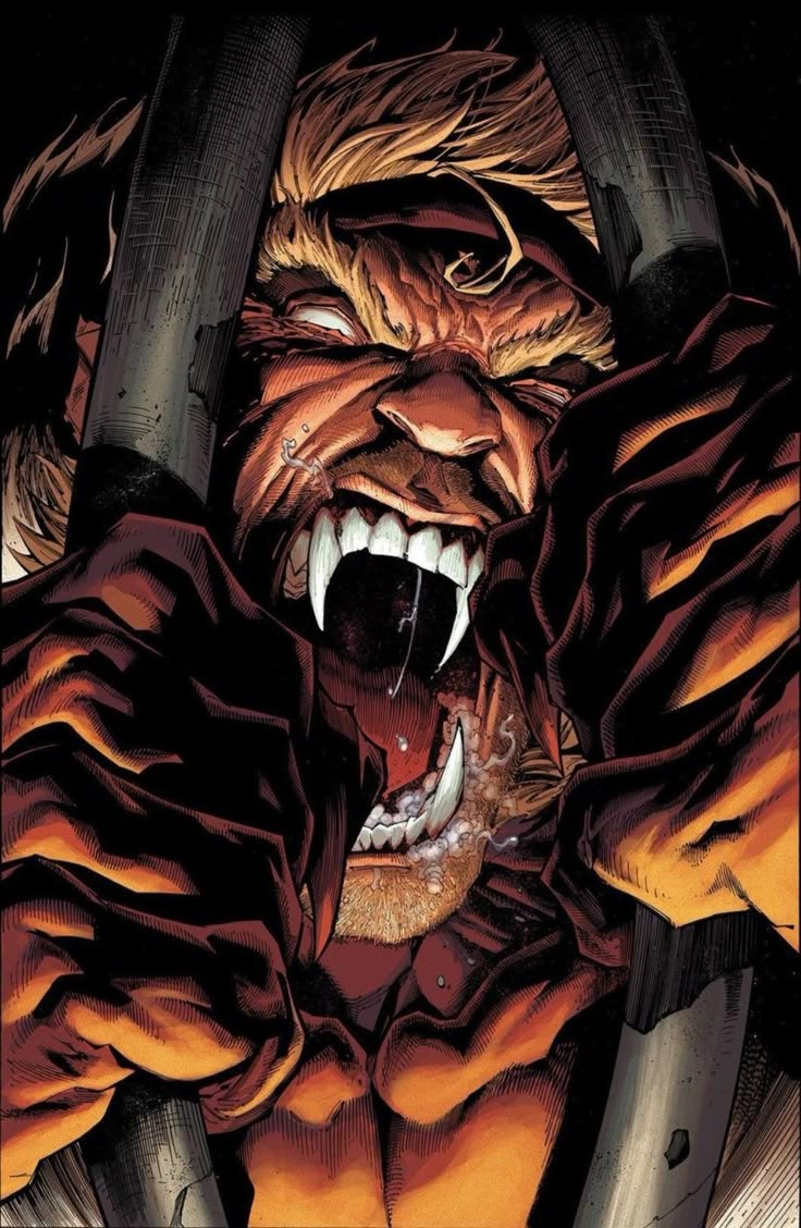 Sabretooth snarling through bars with fangs bared, comic cover art