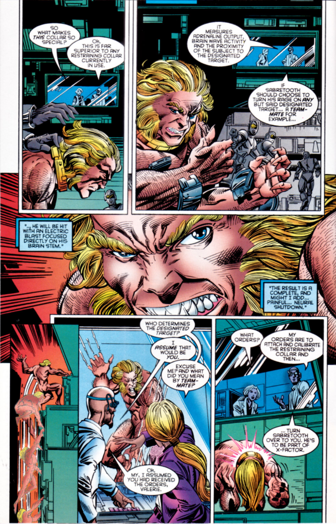 Panels from X-Factor #120 showing Sabretooth being fitted with his restraining collar