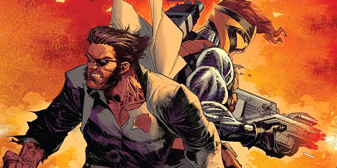 Wolverine in the foreground with Maverick, masked and armed, behind him
