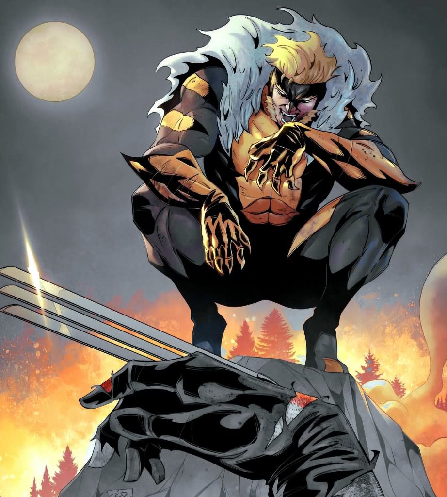 Sabretooth crouching with Wolverine's adamantium claws at lower left