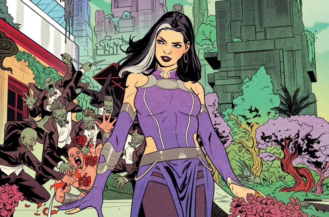 Agatha Harkness in purple with undead attackers behind her