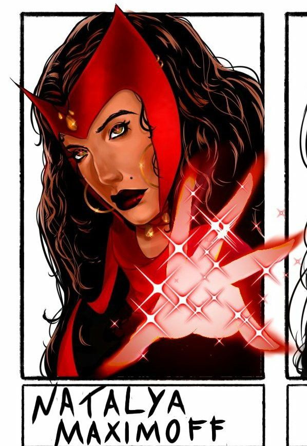 Natalya Maximoff in a red headdress with sparkling magic at her hand, labelled with her name
