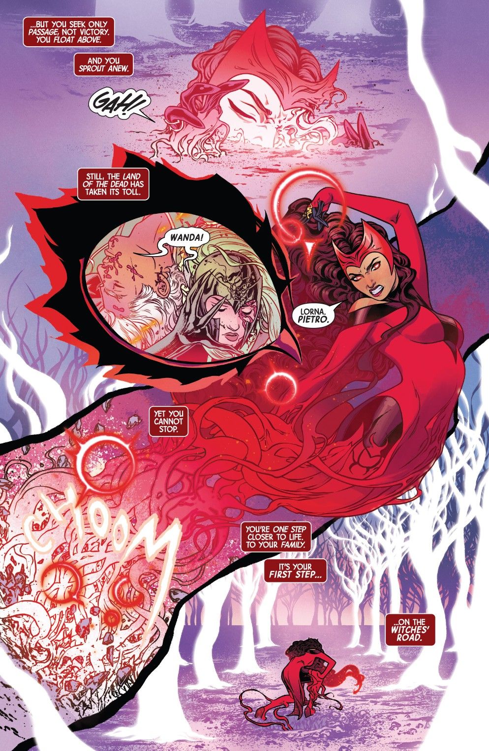 Scarlet Witch in red on a surreal magical road with white trees
