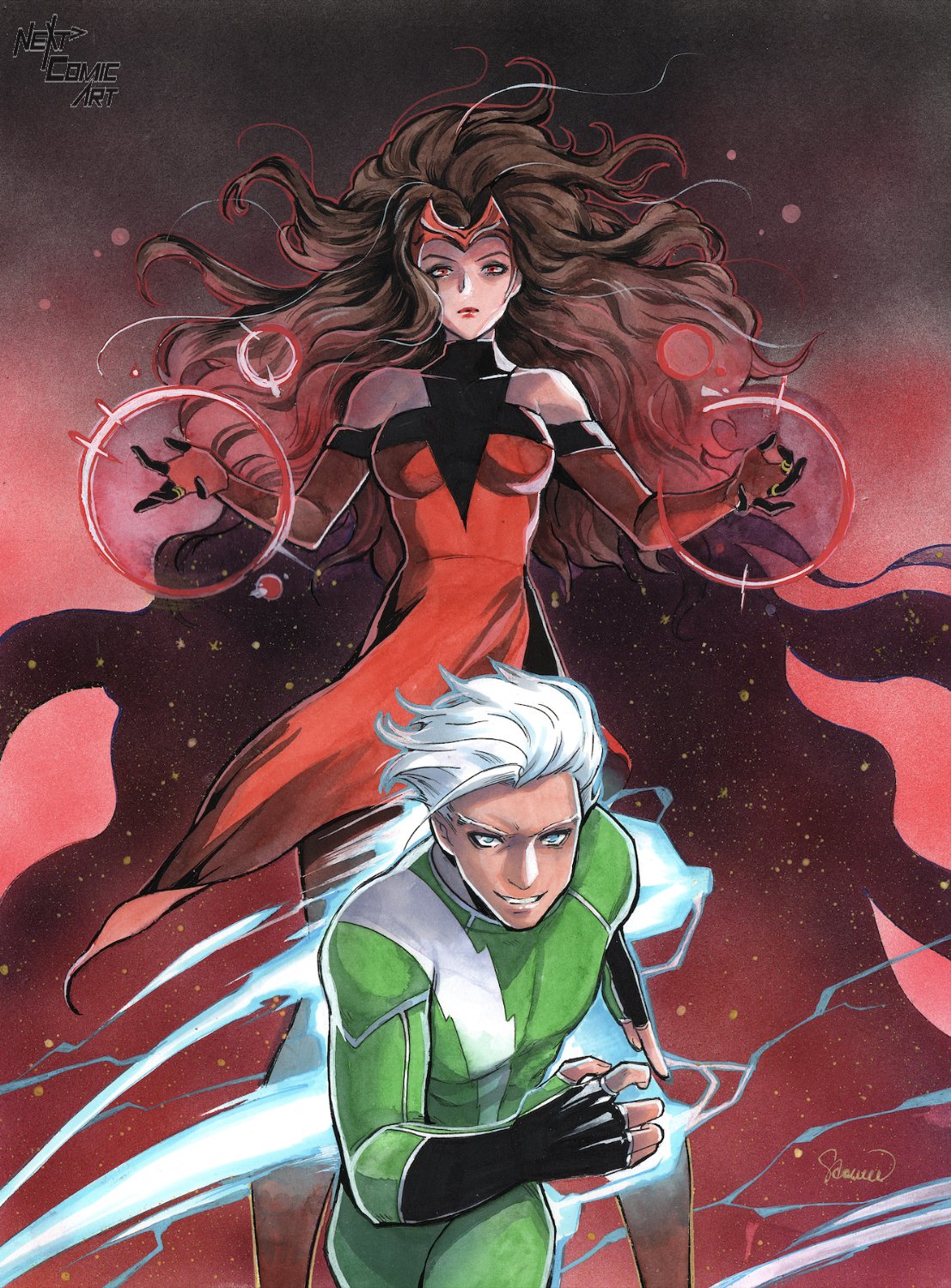 Scarlet Witch in red above Quicksilver in green, hex energy circling her hands