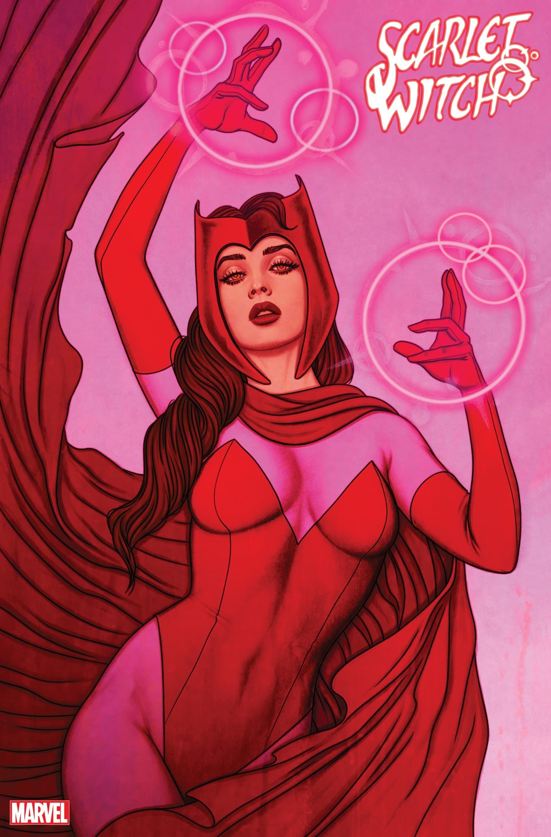 Scarlet Witch cover art in red and pink