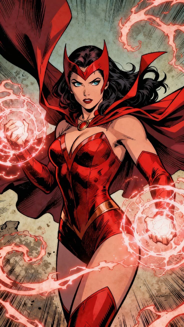 Scarlet Witch in red costume casting hexes