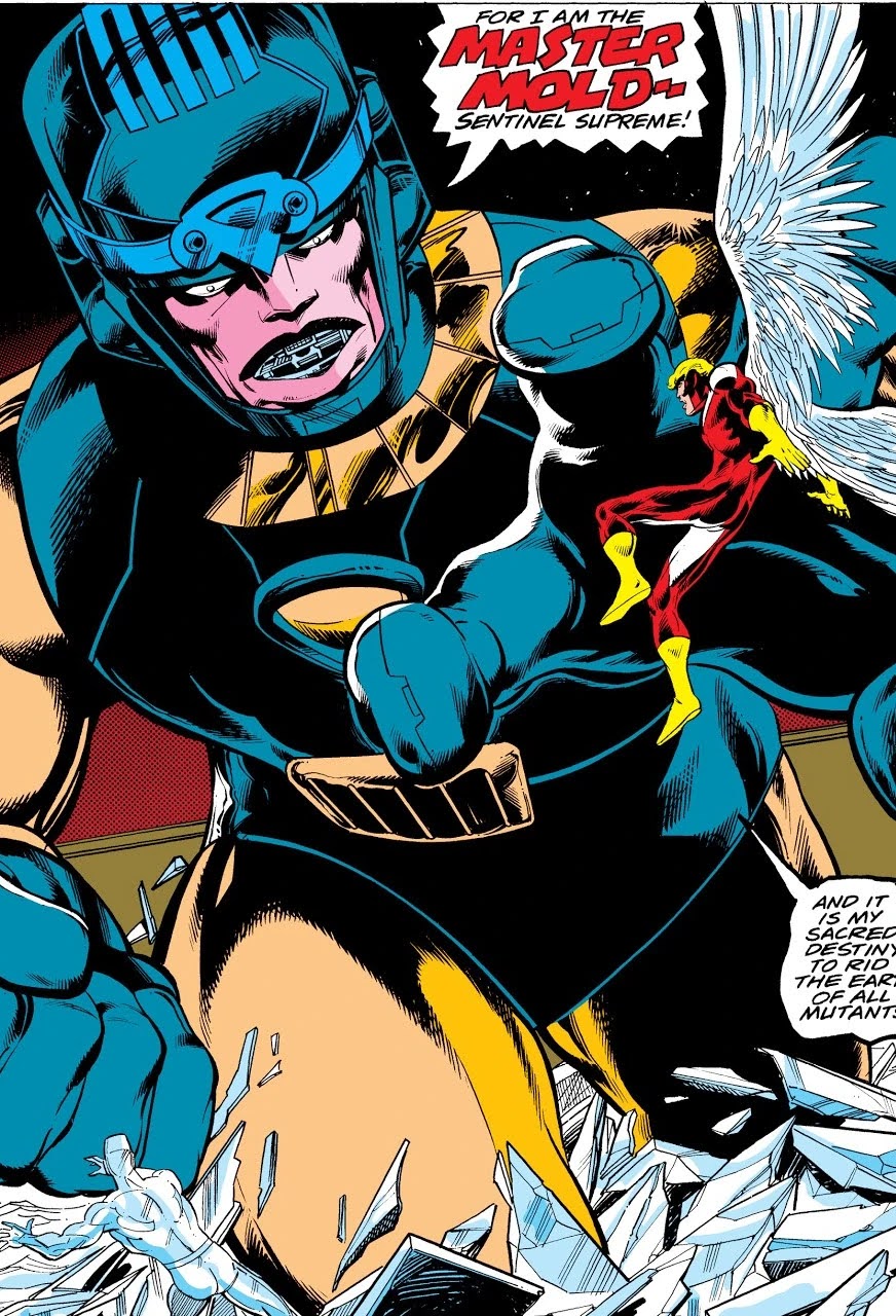 Master Mold, the 'Sentinel Supreme,' declaring 'MY SACRED DESTINY... TO RID THE EARTH OF ALL MUTANTS' while Angel attacks