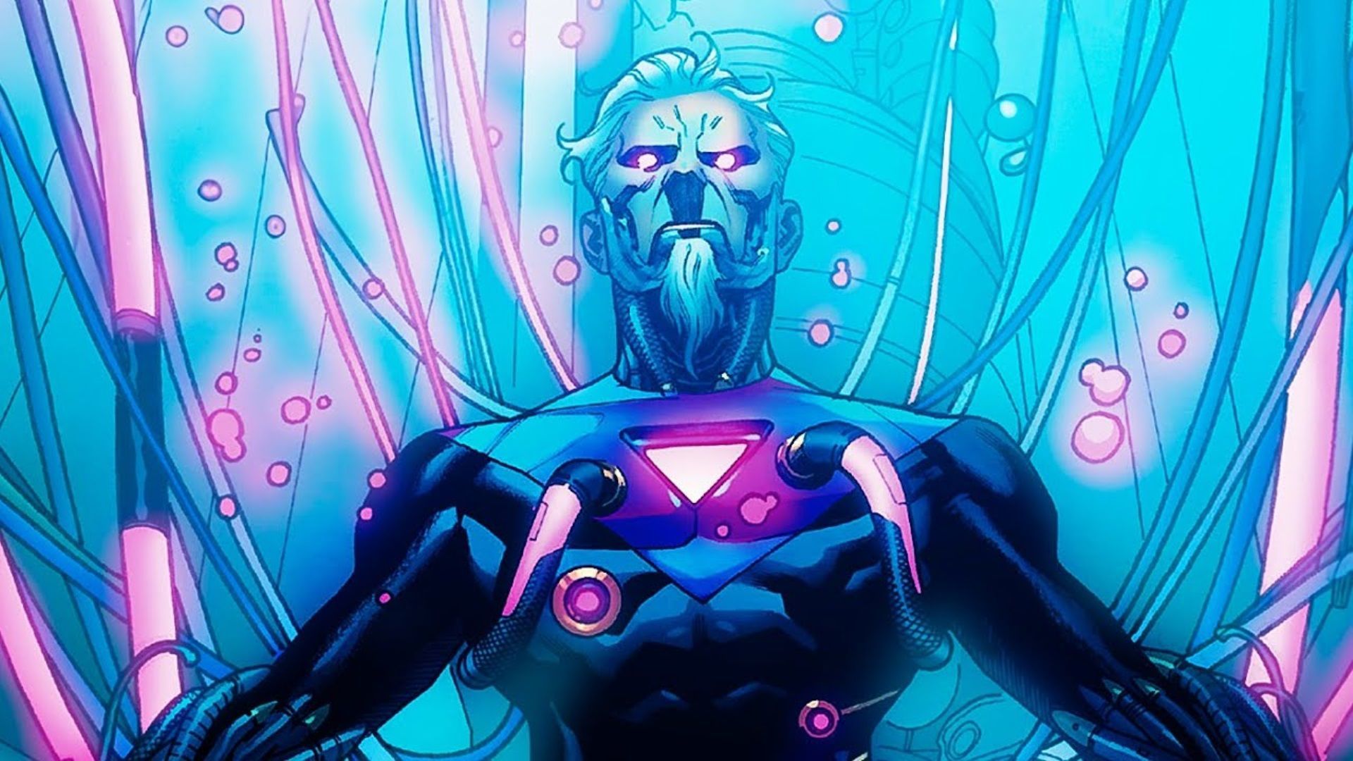 Bastion, the human-looking cyborg with a goatee and glowing eyes, wired into machinery, in comic art