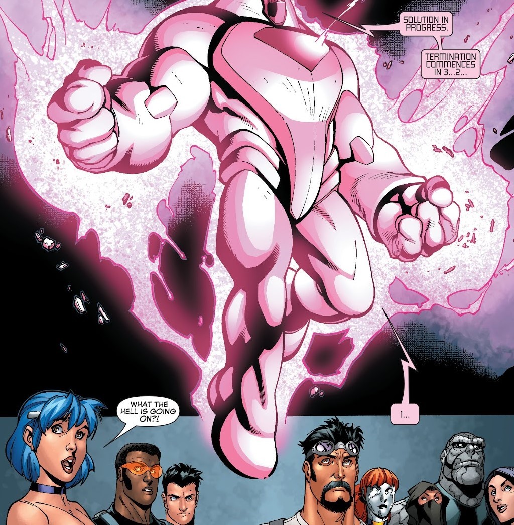 Nimrod in pink-and-white armor unleashing a massive energy blast over the New X-Men, with dialogue reading 'TERMINATION COMMENCES IN 3... 2... 1...'