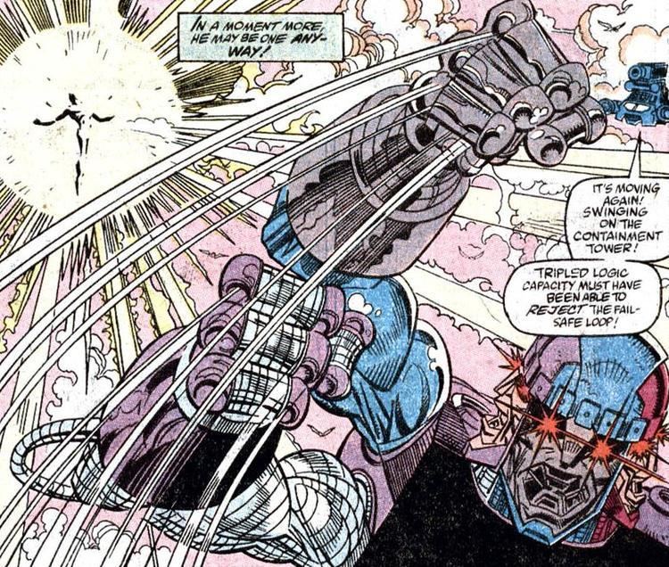 Tri-Sentinel swinging on a containment tower as a cosmic-powered Spider-Man approaches