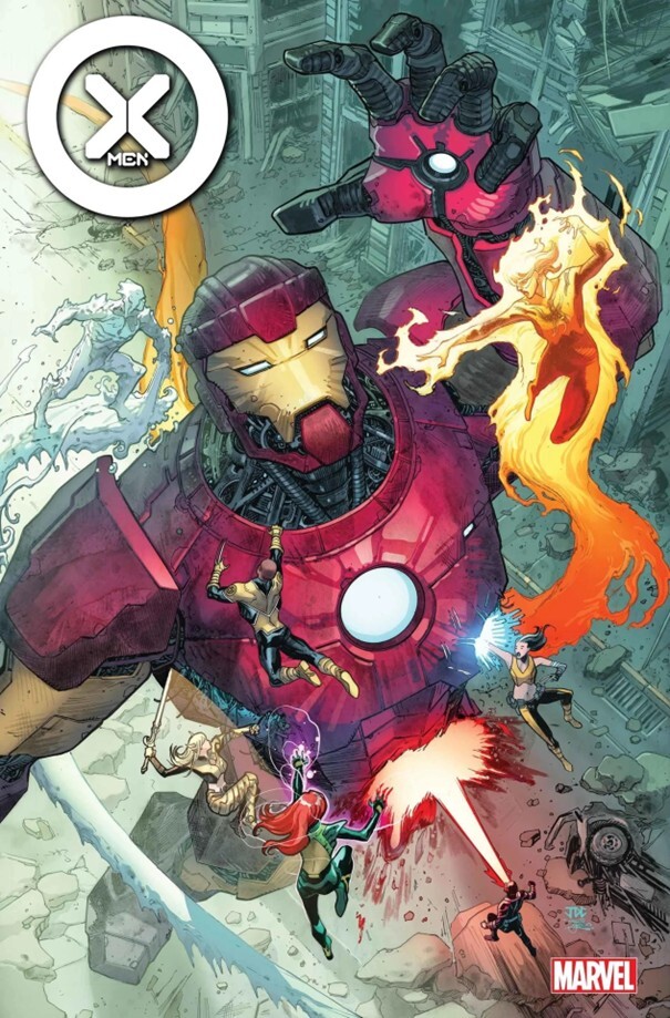 X-Men cover with a giant Iron Man-faced Stark Sentinel looming over the team