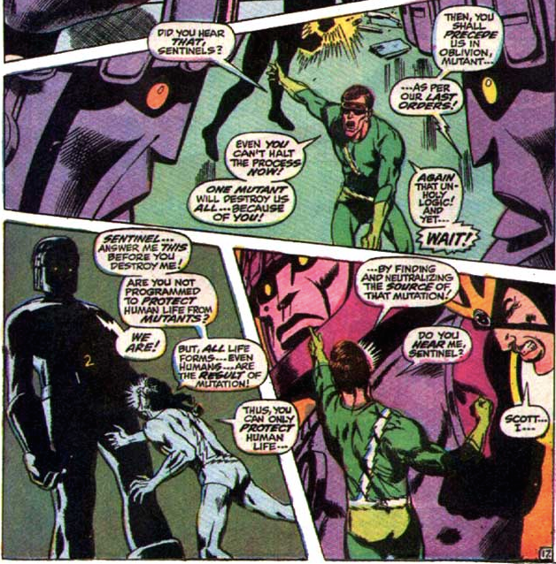 Cyclops arguing with the Sentinel leader marked number 2 while a captive mutant pleads