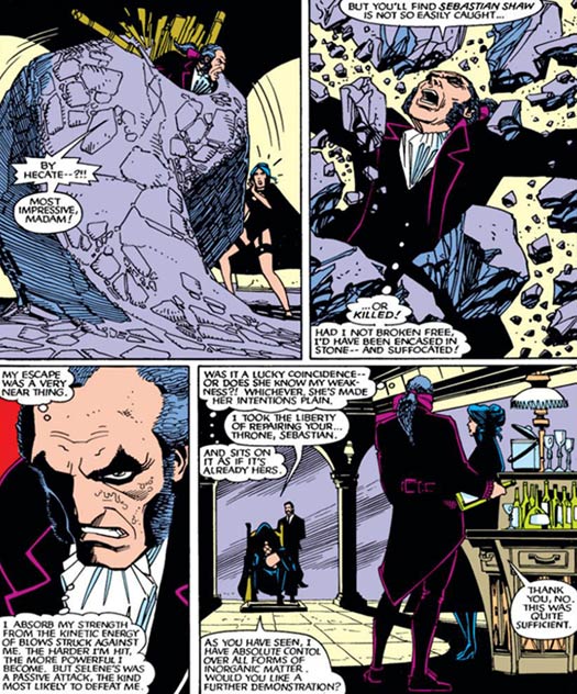 Comic panels of Sebastian Shaw breaking free of stone, with Selene nearby, dialogue naming him