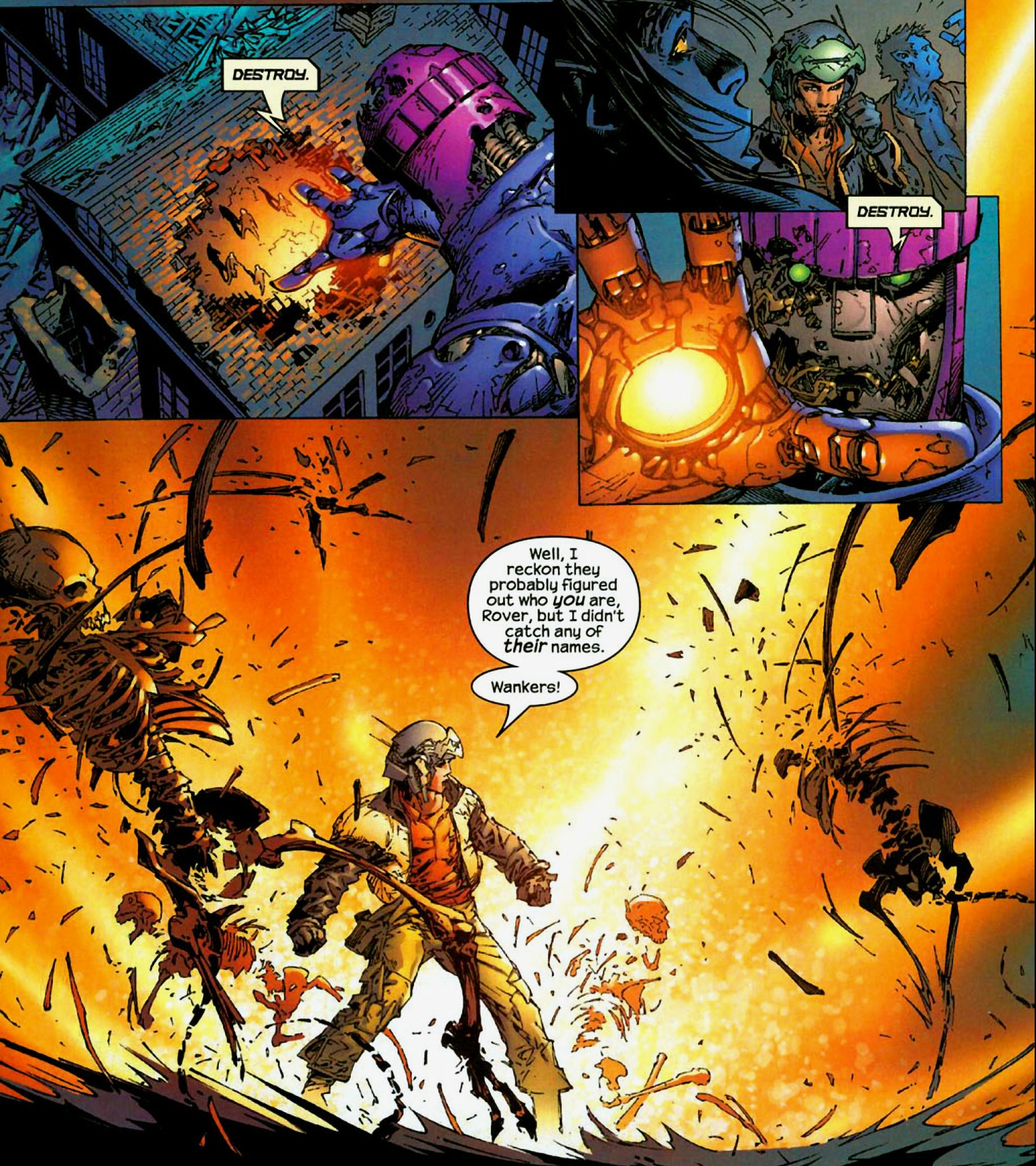 Panels from New X-Men showing Rover the Sentinel destroying Crawlers while Tom Skylark speaks to it by name