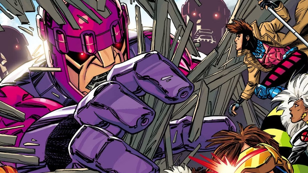 A giant purple Sentinel smashing through wreckage toward the X-Men