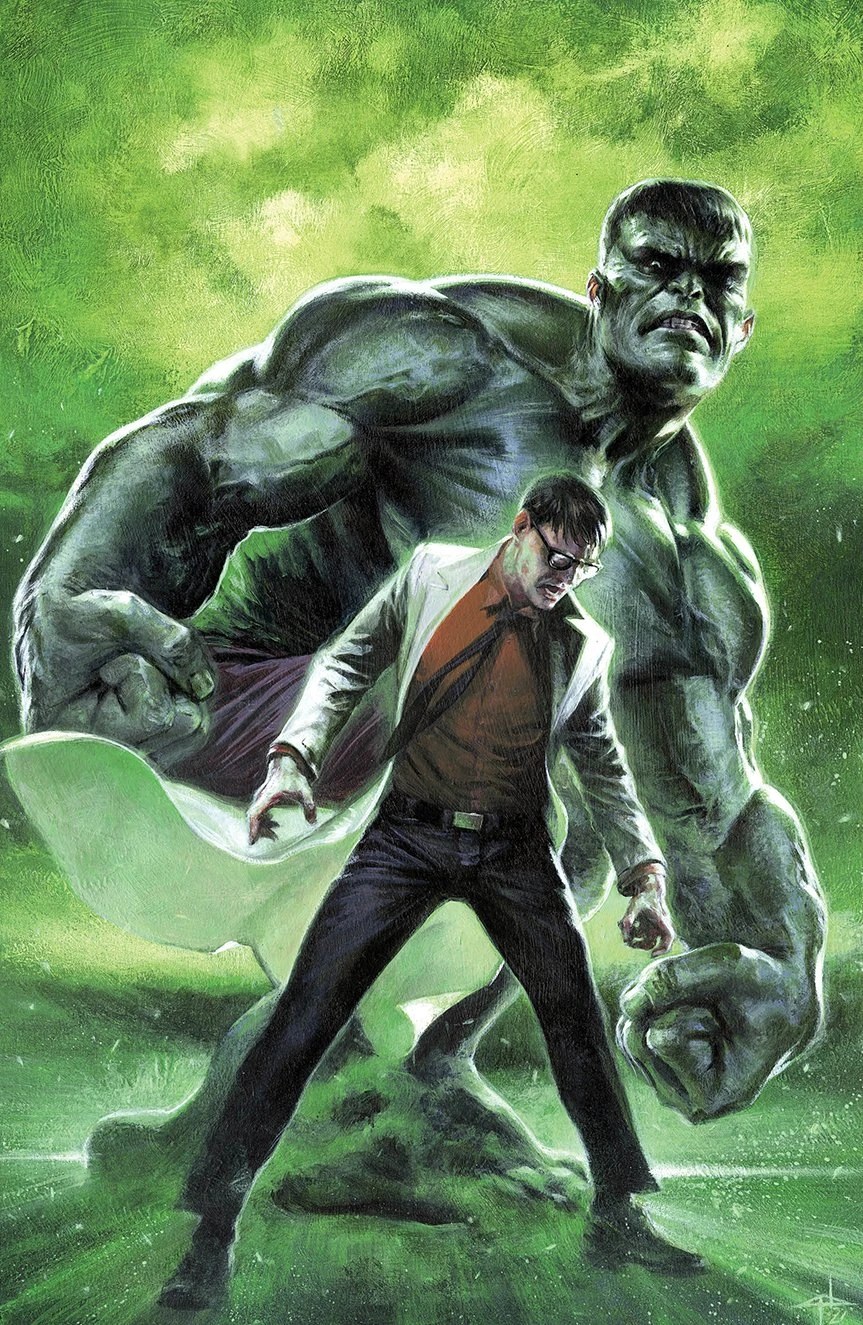 Bruce Banner with the Hulk looming behind him painted comic art