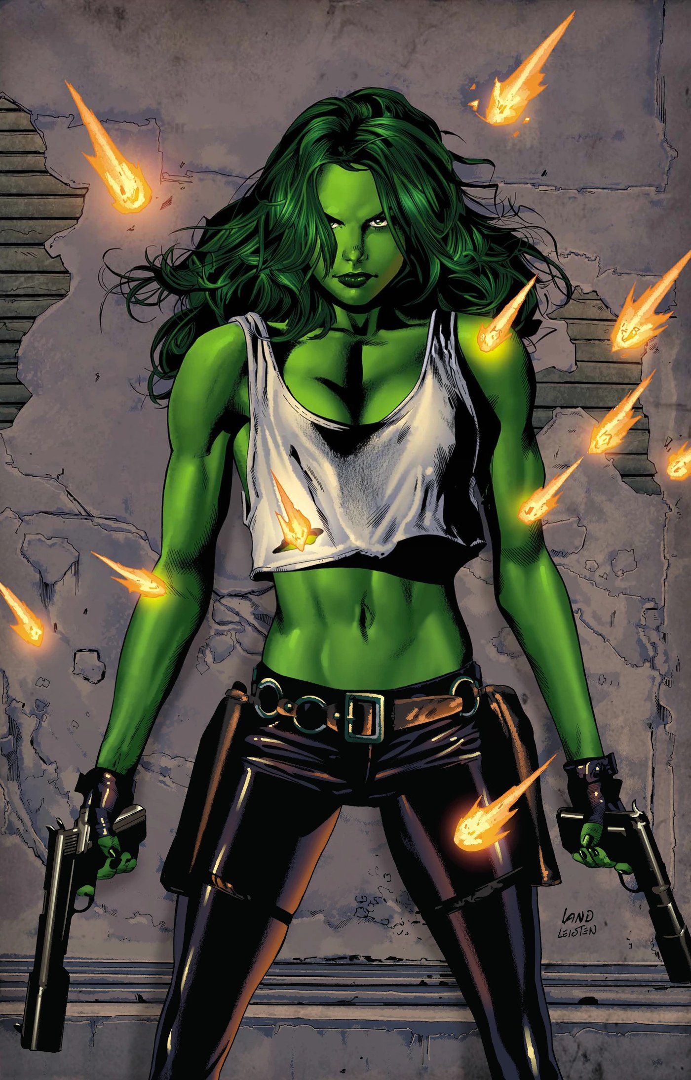 She-Hulk standing unharmed as bullets bounce off her comic art