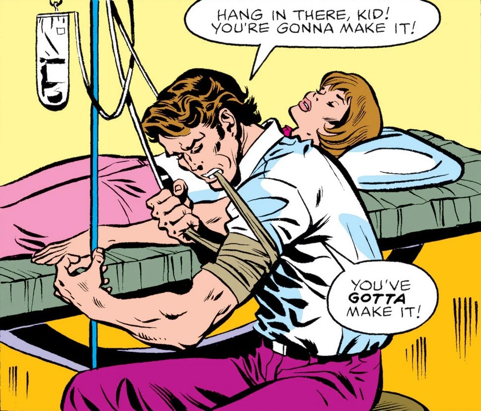 Bruce Banner giving Jennifer Walters an emergency blood transfusion in Savage She-Hulk #1 comic art