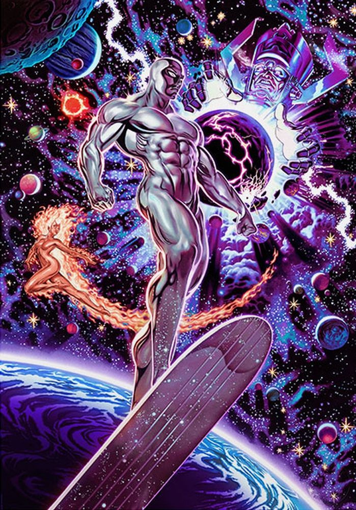 Silver Surfer soaring on his board