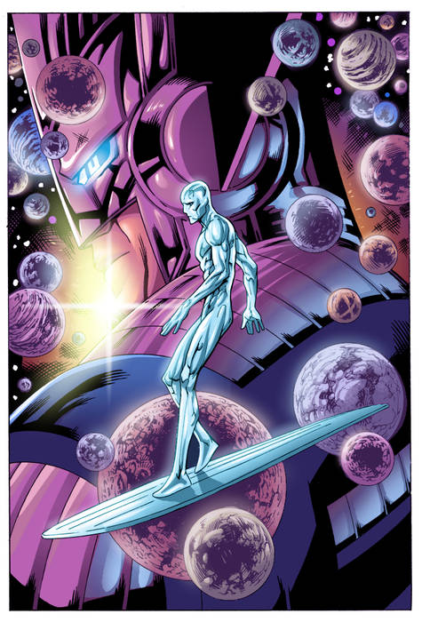 Silver Surfer before the towering Galactus