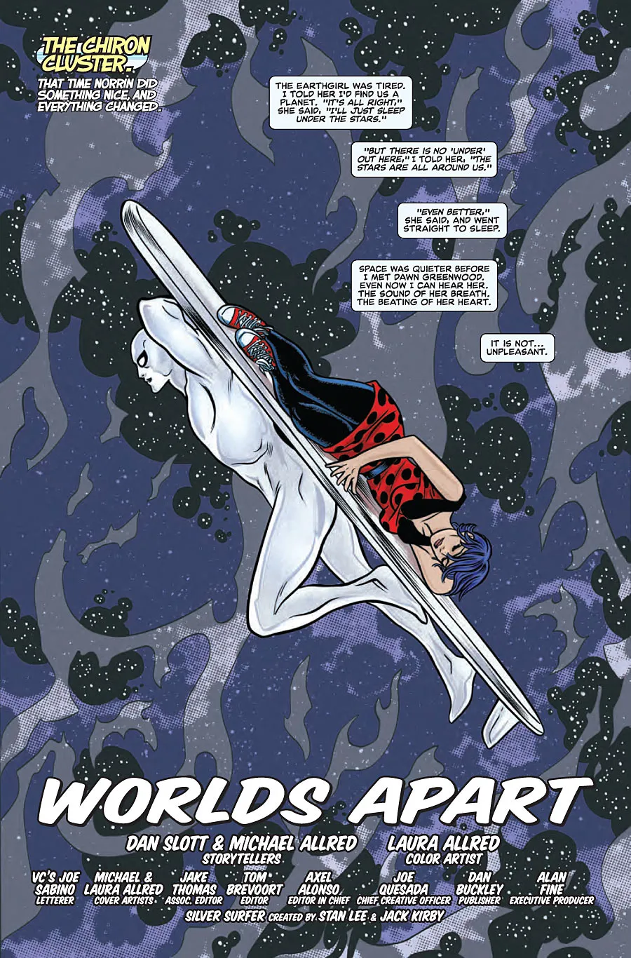 Dawn Greenwood asleep on the Silver Surfer's board