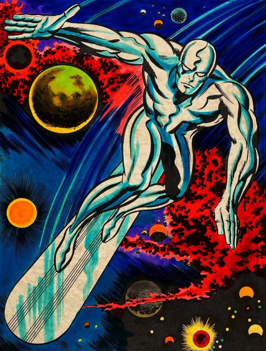 Silver Surfer riding his board comic art
