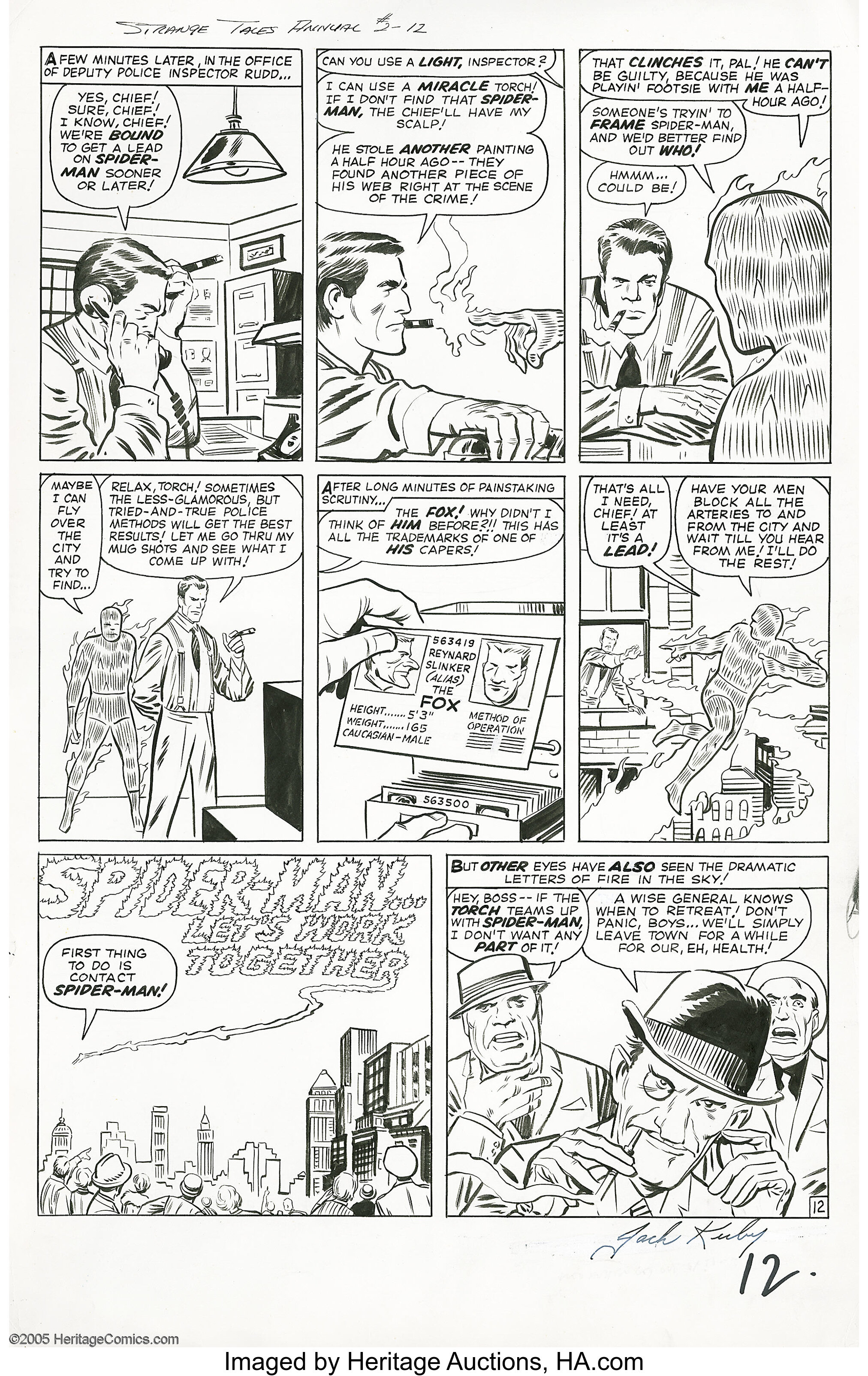 Original page 12 art from Strange Tales Annual #2 (1963) by Jack Kirby and Steve Ditko: the Torch writing 'Spider-Man lets work together' in fire in the sky