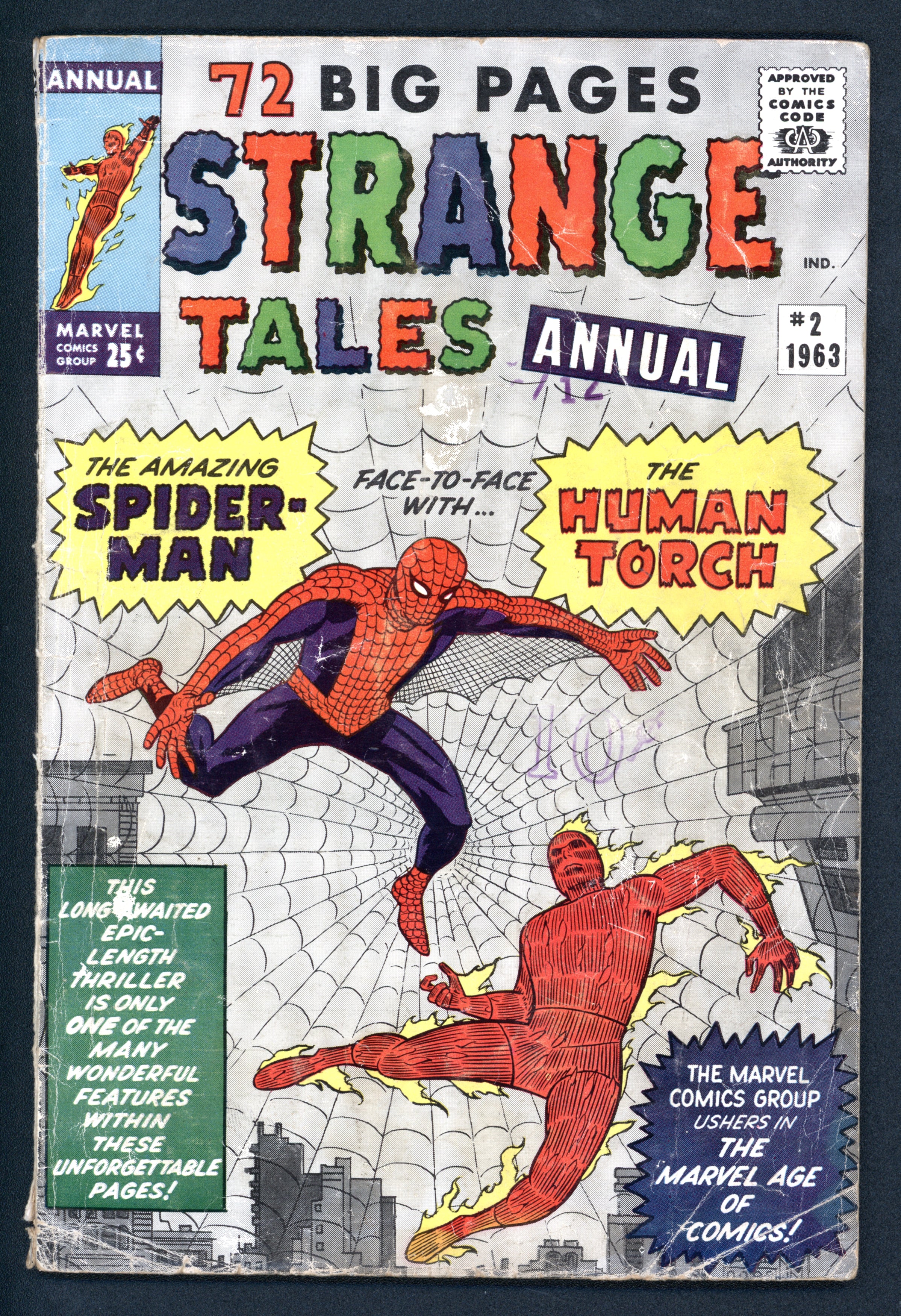 Strange Tales Annual #2 (1963) cover by Jack Kirby and Steve Ditko: Spider-Man versus the Human Torch, with no spider emblem on Spidey's chest
