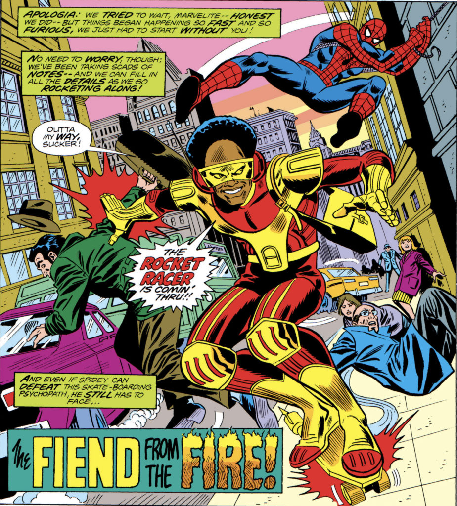 Rocket Racer in red and gold on his skateboard with Spider-Man swinging behind him