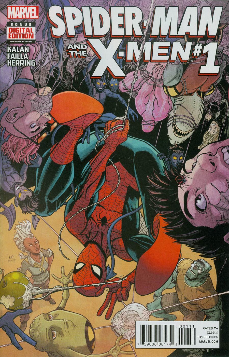 Spider-Man and the X-Men number 1 cover, Spider-Man upside down tangled in webs among the students