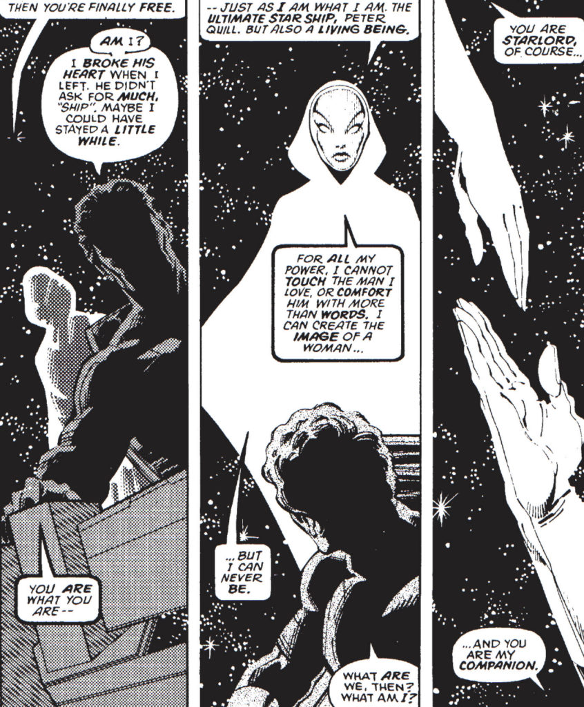 Ship in the form of a glowing woman speaking with Peter Quill among the stars