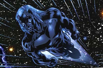 The Fallen One, a dark cosmic figure hurtling through star-filled space