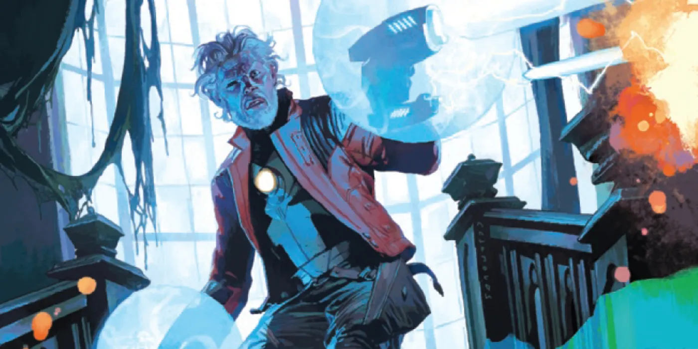 Star-Lord aiming his Element Gun in comic art