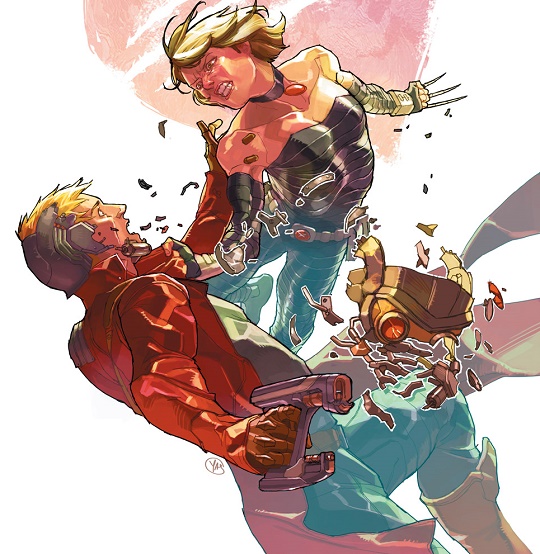 Kitty Pryde phasing through Star-Lord comic cover art