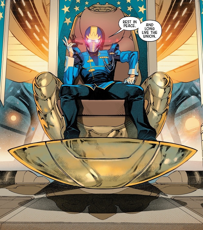 Star-Lord seated on the Spartax throne comic art