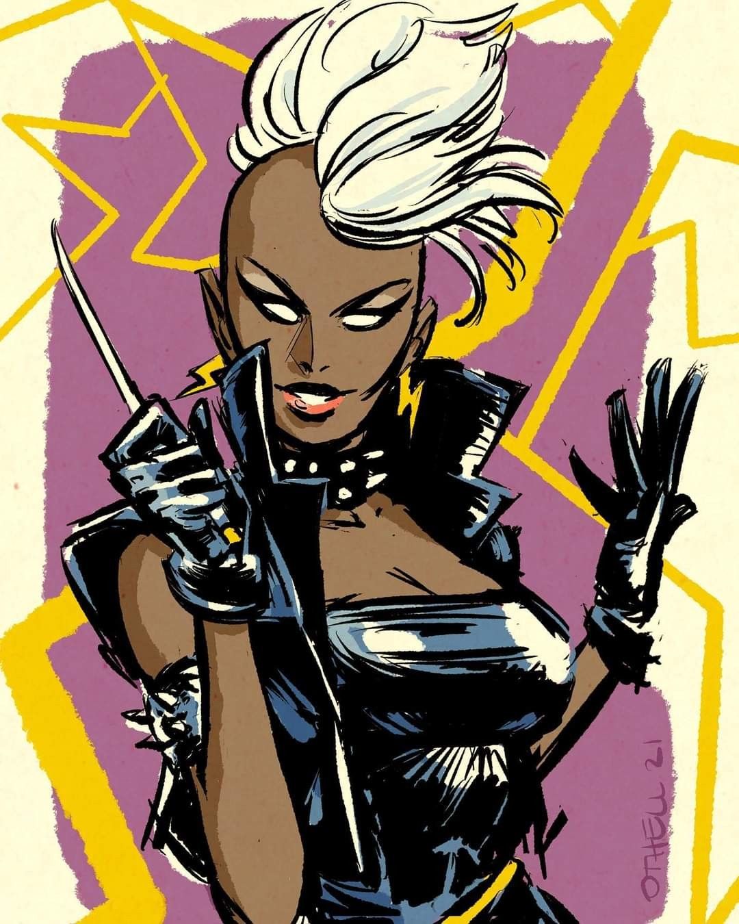 Storm with a tall white mohawk in punk leather holding a blade